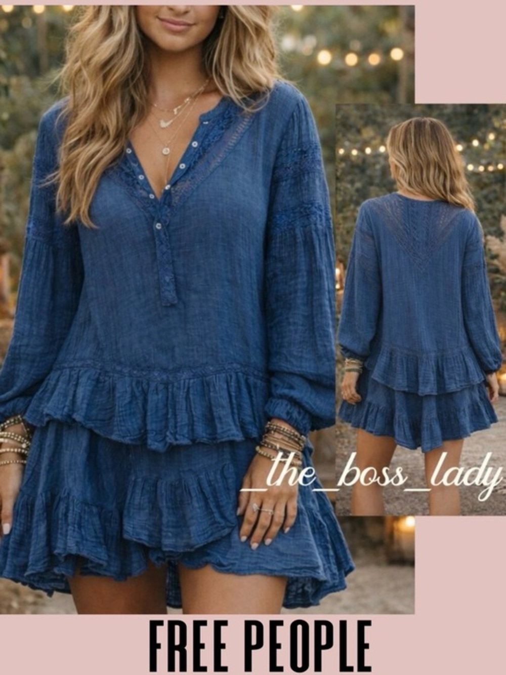 Free People mini dress ruffled cotton boho floral crochet trim oversized XS